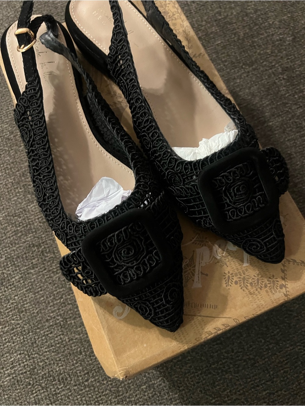 Nicole Miller Black Pointed-Toe Slingback Flats with Decorative Buckle